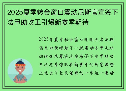 2025夏季转会窗口震动尼斯官宣签下法甲助攻王引爆新赛季期待 2025夏季转会窗口震动尼斯官宣签下法甲助攻王引爆新赛季期待