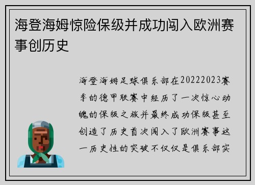 海登海姆惊险保级并成功闯入欧洲赛事创历史